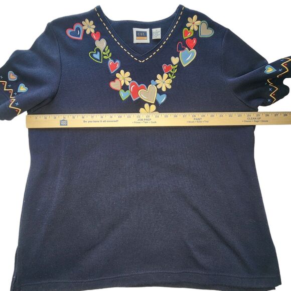 Vintage Womens Short Sleeve Embroidered Blouse Size 1X Flowers Hearts Navy Blue - Picture 8 of 8